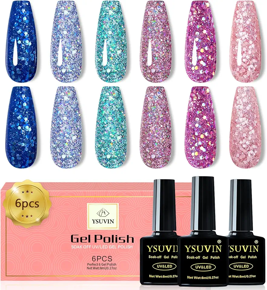 YSUVIN Smalto Semipermanente Glitterato, 6 Colori Glitter Blu Argento Oro Rosso Verde Brillante Kit, Smalto Per Soak Off UV/LED Lampada Diy Manicure Nail Art Set, 8ml