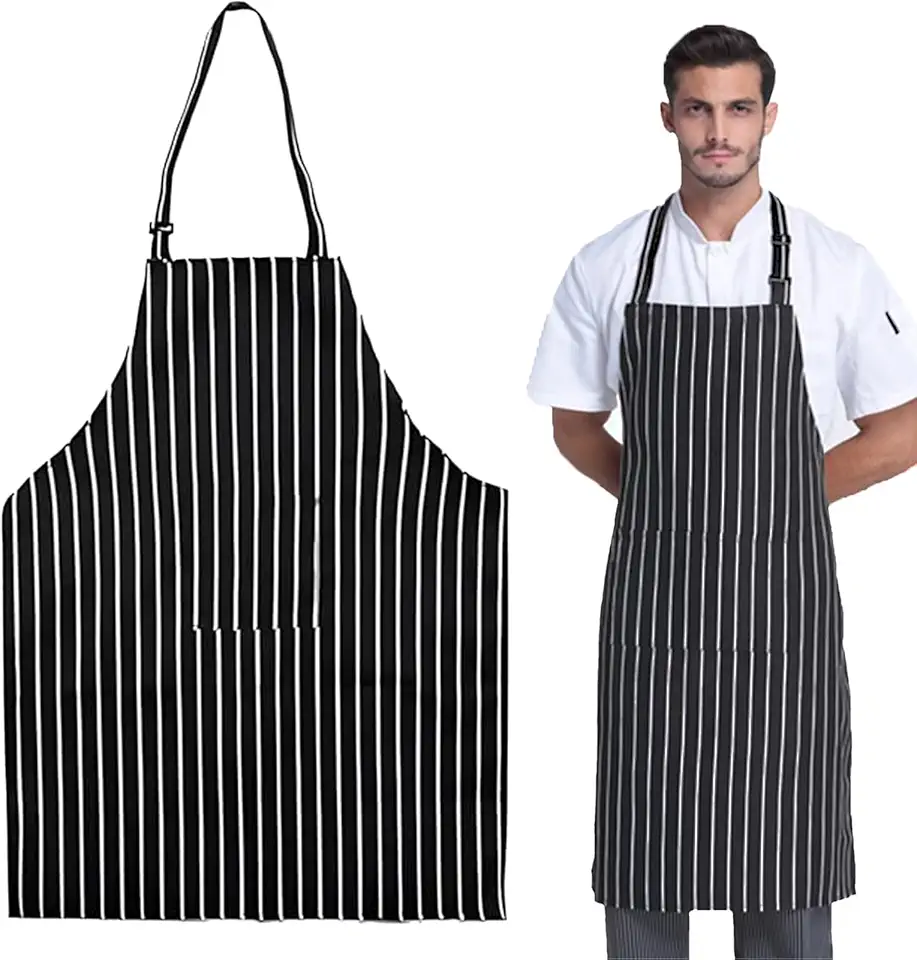 2 Pezzi Grembiule Cucina, Cuoco Grembiule Uomo Donna Regolabile con tasca, per cucina e cuoco ristorante, barbecue, caffè (strisce bianche e nere)