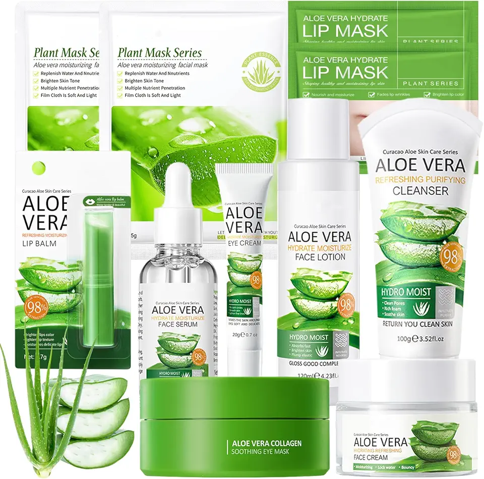 Aloe Vera Skincare Set 11 Pezzi con Tonico,Detergente,Siero,Crema,Maschera,Balsamo per Labbra,Dischetti Oculari,Kit per la Cura della Pelle Aloe Vera per Adolescenti Ragazze e Donne