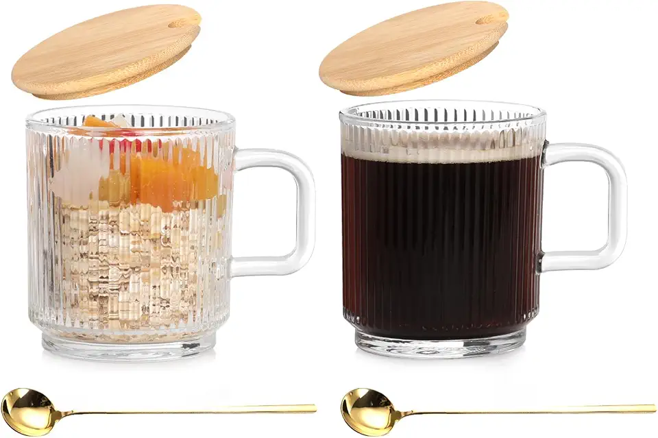 Anhow 2 Pezzi Tazze Cappuccino, Tazze colazione con Coperchio e Cucchiaio Tazza Caffè Vetro per Latte, Caffè, Avena, Yogurt, Fiocchi D'avena - 350 ml, Trasparente
