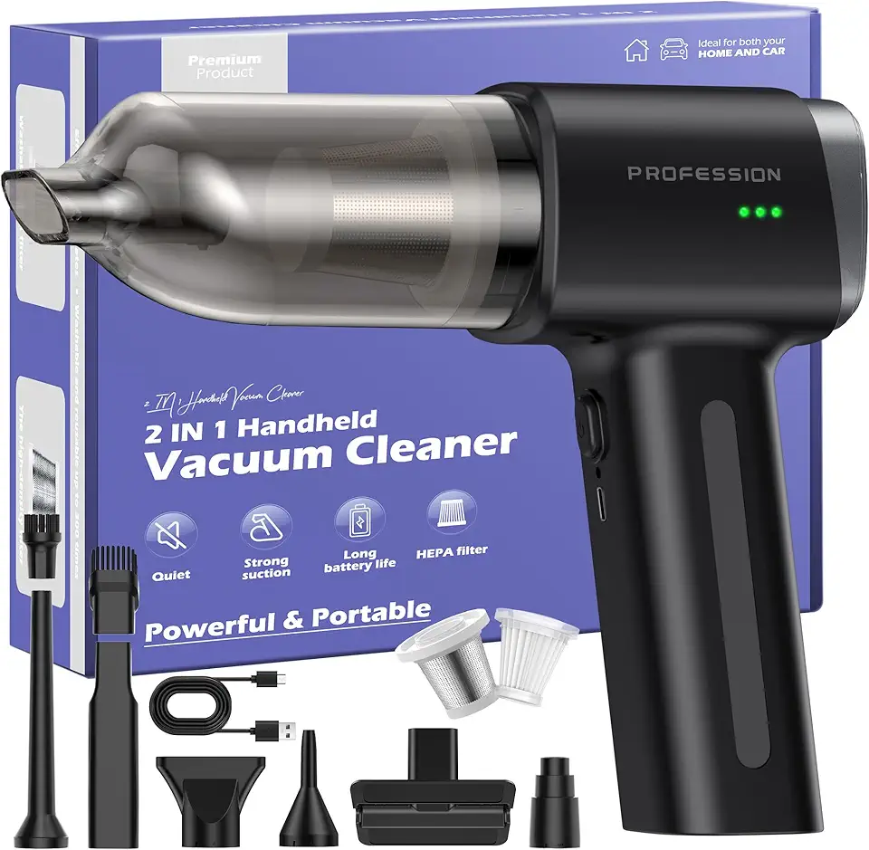 Aspirabriciole Senza Fili, 28000Pa Aspirapolvere Auto con 2 Filtri, 4 in 1 Potente Mini Aspirapolvere Portatile, Animali Domestici, Casa, Ufficio (Nero)