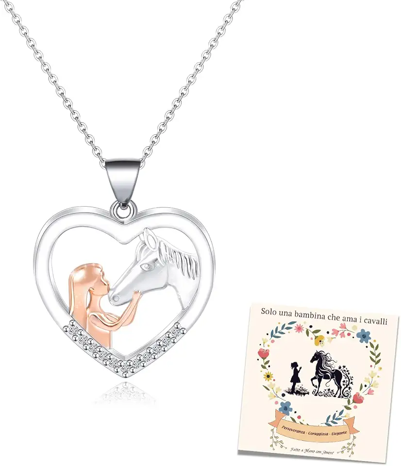 BOCHOI Collana Ragazza Regali per Ragazze Collana D'argento per Bambine Ciondolo a Forma di Cuore di Ragazza con Cavallo Regalo per Figlie, Nipoti e Bambine Donna