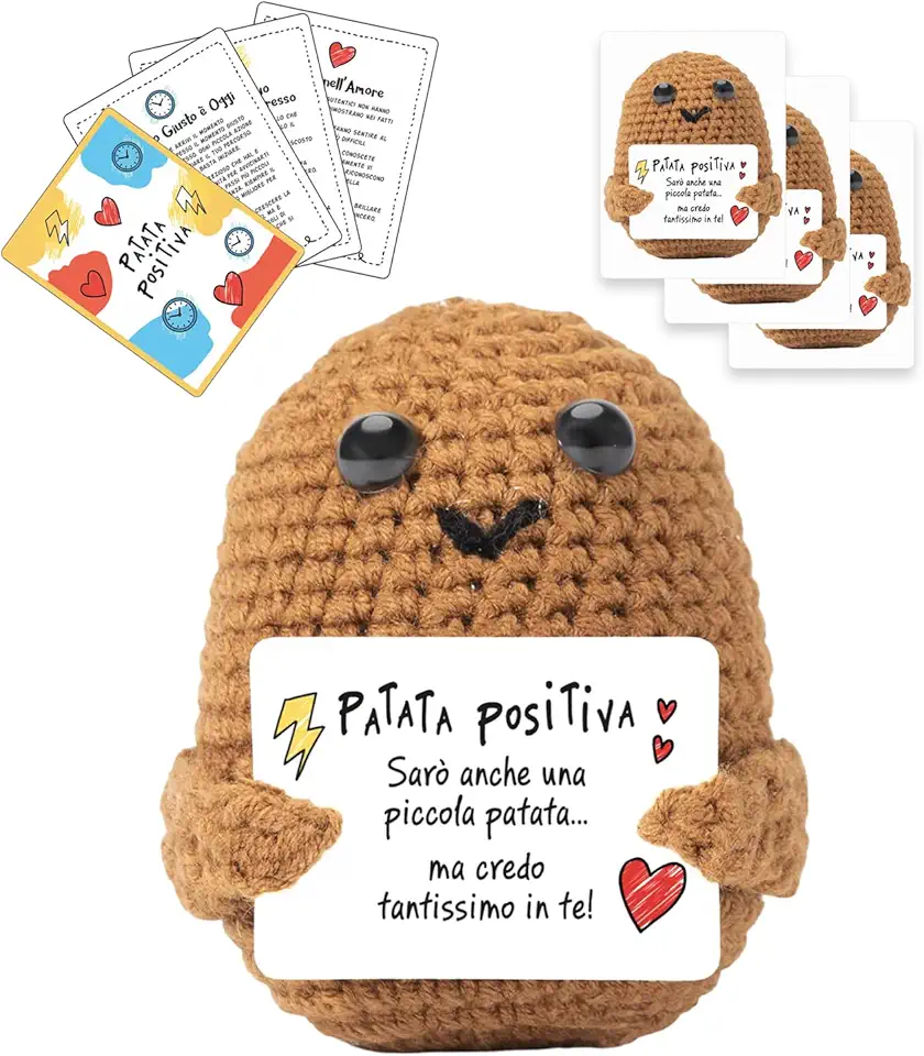 BWAY Patata Positiva Italiano con Omaggio 3 Card Motivazionali e 3 Stickers con Pupazzo Portafortuna Simpatico - Regalo Donna Compleanno - Peluche per Decorazioni Casa