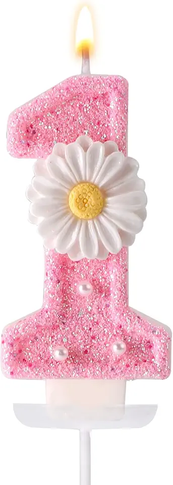 Candela Compleanno Rosa Numero 1, 7,1cm Margherita Glitterata Candela Buon Compleanno Primo Anno con Vassoio e Bastoncino Candela 1 Compleanno Bimba Decorazione Torte Regali Feste Compleanno