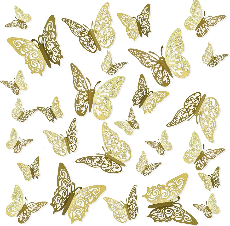 Decorazioni Halloween, Adesivi Murali, Stickers, Adesivo Muro Decorativo, Farfalle Decorative Torta, Decorazione Da Parete, Adesivi 3d, 24 Pezzi, Oro