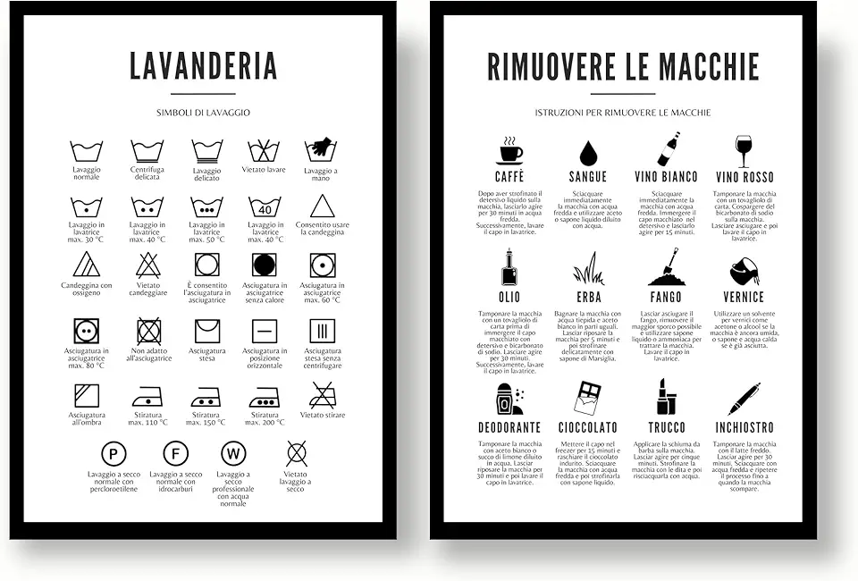 EQUIK PRODUCTS Poster per la Lavanderia | Decorazione Lavanderia, Lavatrice, Lavaggio | Poster Rimuovi Macchie, Simboli Lavaggio | Cura Lavatrice, Vestiti