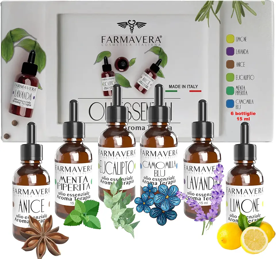 FARMAVERA Mix Oli Essenziali per Diffusori Naturali e Candele Fai da Te, Aromaterapia, Essenze Profumate per Diffusori 6 x 15 ml, Olii Essenziali Naturali