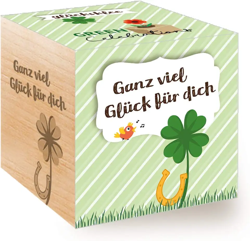 Feel Green Celebrations Ecocube, quadrifoglio portafortuna, cubo in legno con incisione laser "Ganz viel Glück Für Dich", idea regalo sostenibile, set di coltivazione, Made in Austria