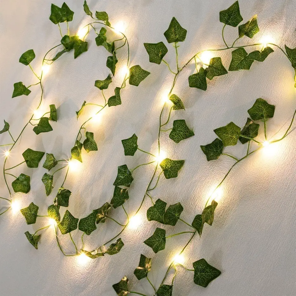 Ghirlanda luminosa con foglie, catena luminosa di edera 2 m, artificiale verde foglia Ivy Vine con 20 luci a LED, primavera piante decorative per feste da parete