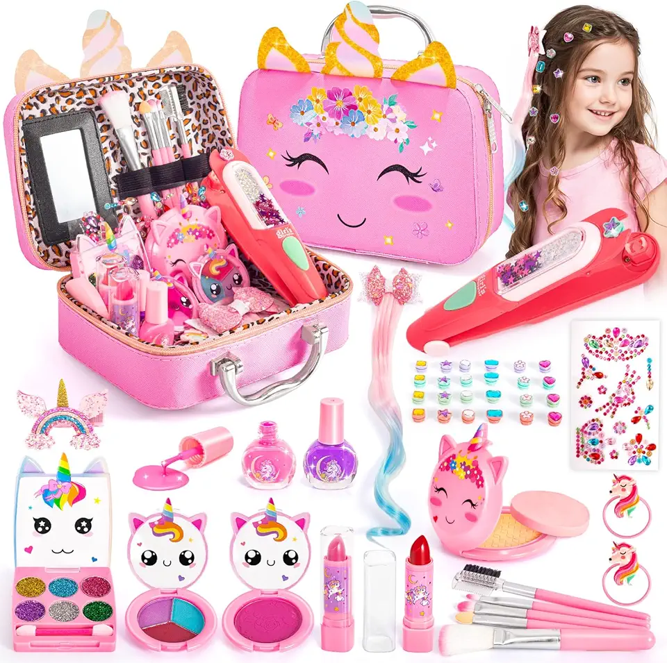 Hohosunlar Set di trucchi per bambini, lavabile, trucco, per capelli, per ragazze, con brillantini, clip, gioco di ruolo, regali di Natale, per bambini dai 3 ai 12 anni