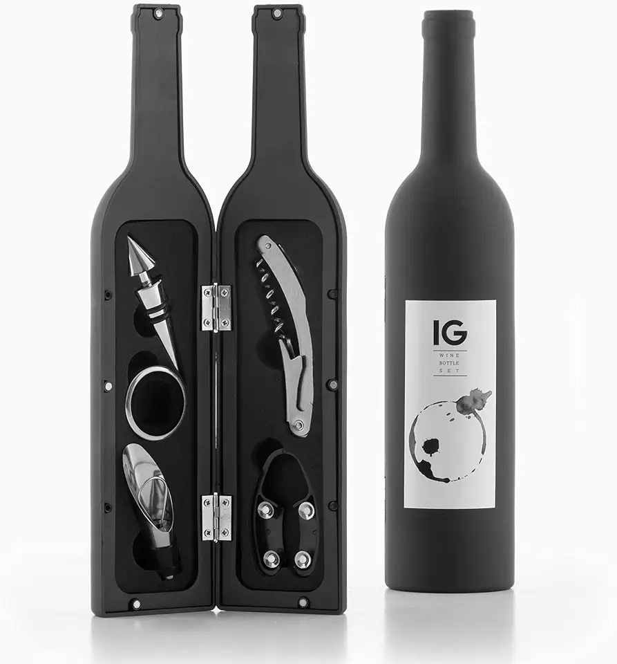 InnovaGoods® Astuccio a Bottiglia per Utensili da Vino, 5 Pezzi Eleganti e Funzionali, Design Originale e Magnetico, Nero, 7x7x33 cm, Metallo