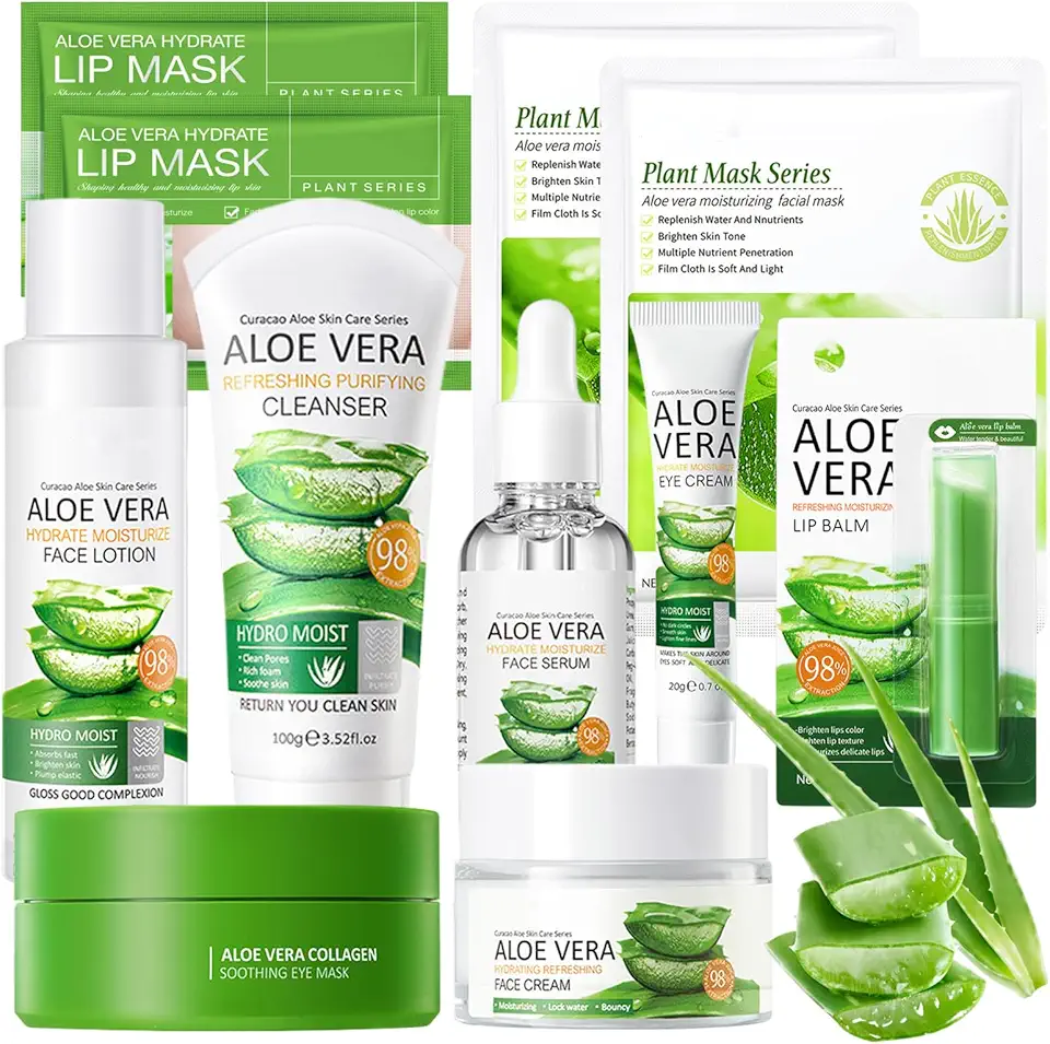 Kit per la Cura della Pelle Aloe Vera 11 Pezzi con Detergente,Crema,Siero,Tonico,Maschera,Cerotti per Gli Occhi,Balsamo per le Labbra,Aloe Vera Skincare Set Regalo di Bellezza per Donne e Ragazze