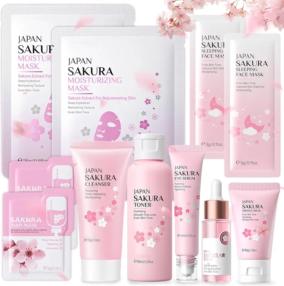 Kit per la Cura della Pelle Sakura 11 Pezzi, include Detergente, Tonico, Crema Viso, Siero e Crema per Gli Occhi, Set Skincare Viso Completo per Ragazze e Donne