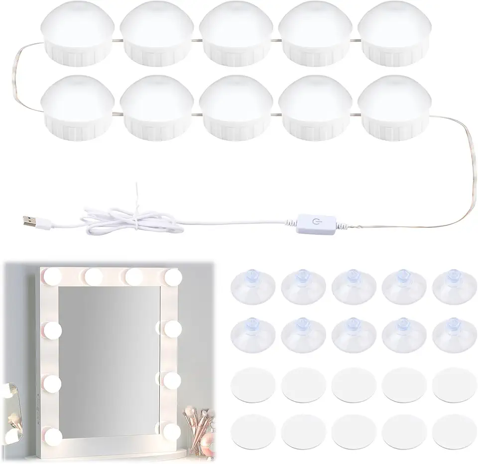 LED Luci da Specchio Hollywood, Lampade da Toeletta con 10 Lampadine Dimmerabili, Luci di Specchio Vanità con Cavo USB Regolabile e 3 Colori per Bagno Tavolo Specchio Cosmetico