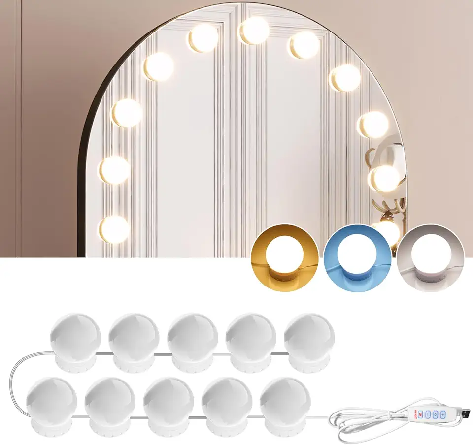 Luci da Specchio di Vanità 10 Lampadine per Trucco Dimmerabili 3000K/4000K/9000K Temperatura Colore Regolabile, Alimentazione Tramite USB, Adesive