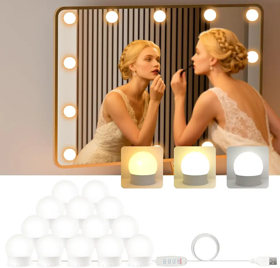 Luci per Specchio da Trucco con 14 Lampadine Dimmerabili, USB Luci Specchio Make Up in Stile Hollywood con 3 Modalità Colore
