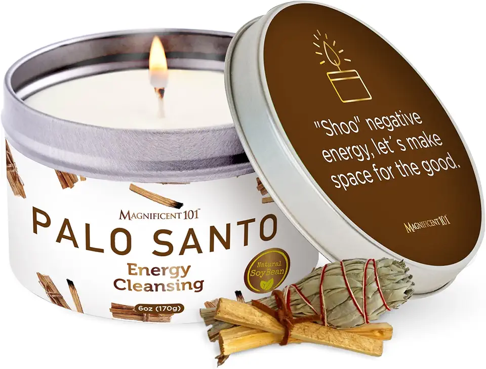 MAGNIFICENT 101 Palo Santo Smudge Candle per la Pulizia energetica Domestica, l'aromaterapia e la guarigione dei Chakra - Cera di soia Naturale, Oli Essenziali Porta Latta da 6 Once
