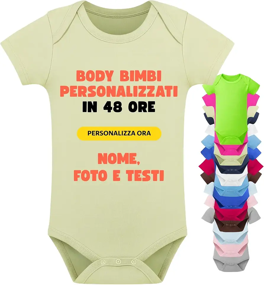 PACDESIGN Body Personalizzati Neonato 100% Cotone - Regalo Nascita Bimbo - Tutina Neonato Unisex Personalizzata con Nome, Testo e Immagini