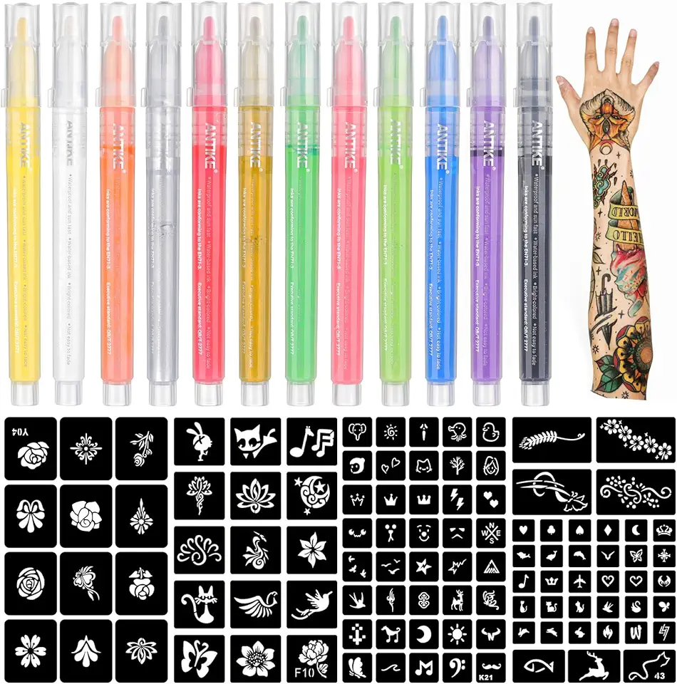 Penna per Tatuaggi Temporanei 12 Diversi Tatuaggi di Stile di Colore, Tatuaggi di Stile Disegnati a Mano, 108 Fogli per Stencil per Tatuaggi, Adatto per Pelle, Pietre