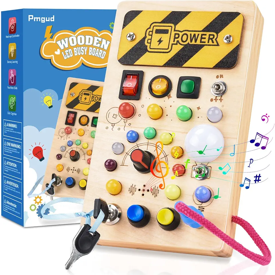Pmgud Busy Board Montessori Activity Board a Partire da 1 Anno Giocattolo Montessori in Legno con 8 interruttori, 15 luci a LED, 6 musiche per Neonati e Bambini Piccoli Educazione sensoriale