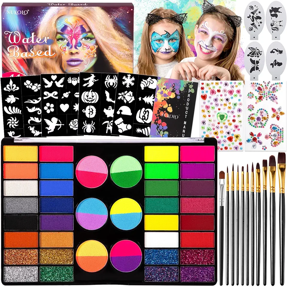 SACBRZZ Truccabimbi Kit Anallergici Atossici, 44 Colori Truccabimbi, con 11 Pennelli, 45 Stampini, 2 Stencil a Diamante, Trucchi Halloween Bambini, Face Paint per Halloween Carnevale Natale Party