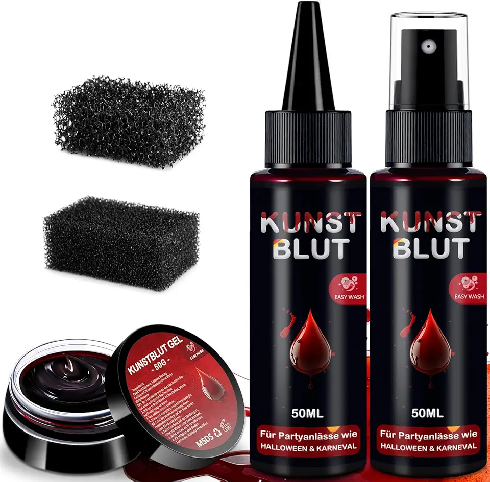Sangue Finto Halloween Set - 50ml Sangue Finto Spray + 50ml Sangue Gocciolante + 50g Plasma Coagulato, Lavabile Halloween Trucchi Fake Blood per Make Up Trucco Zombi, Vampiri, Cosplay