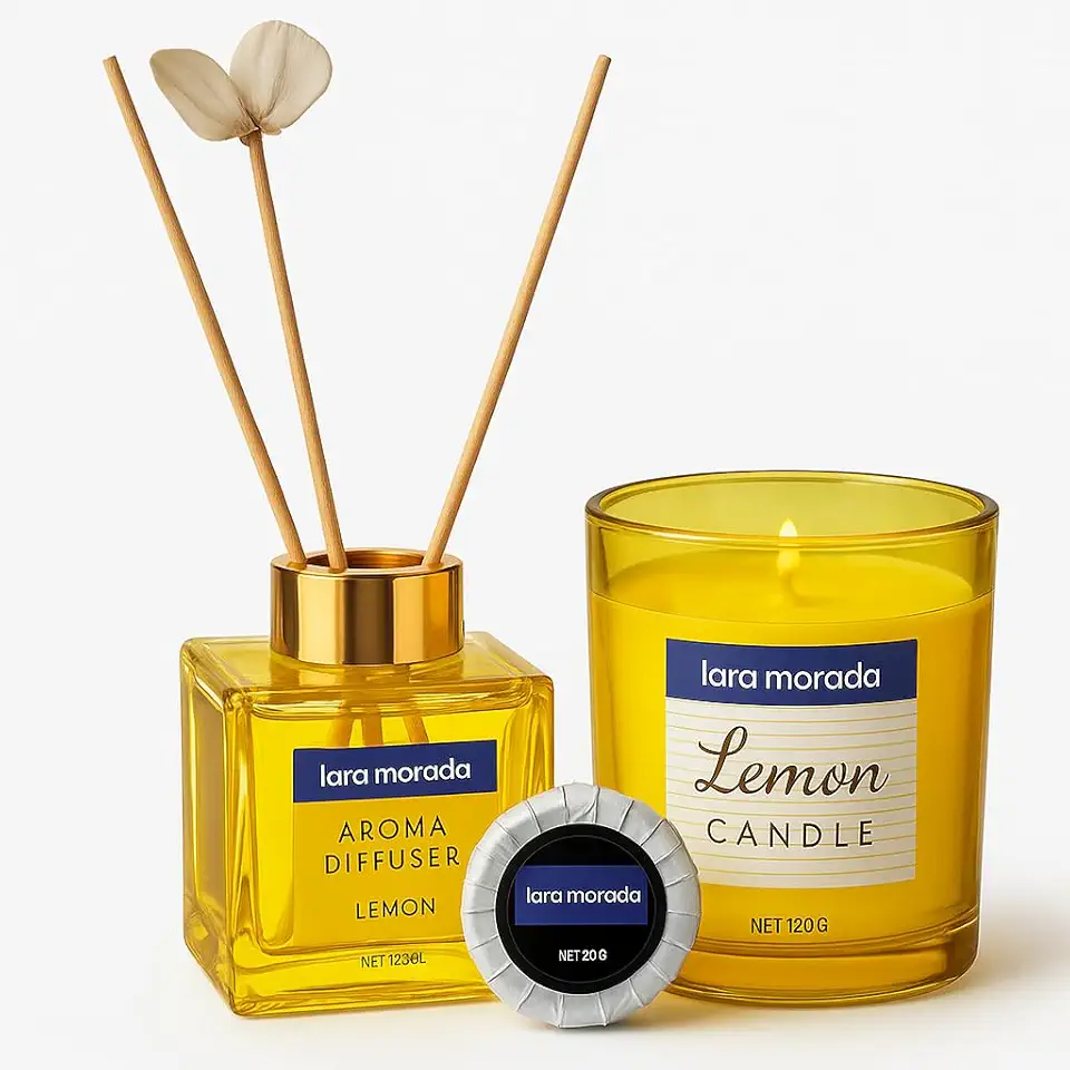 Set Profumatore per Ambiente 3 in 1 – Diffusore Bastoncini 100ml, Candela 120g, Saponetta 20g – Idea Regalo Elegante, Fragranza Duratura per Casa, Bagno, Ufficio (Lemon)