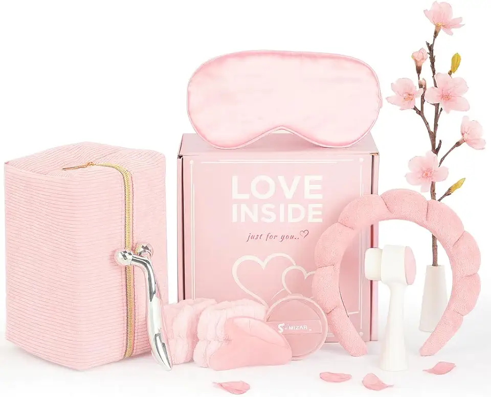 Set Skincare Coreana Donna – Kit Viso Completo con Gua Sha, Roller, Spazzola Detergente, Maschera, Fascia, Dischetti e Pochette – Cofanetto Regalo Donna Beauty, Idea Regalo Compleanno (Rosa)