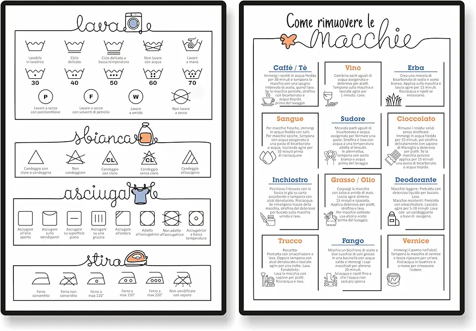Set di 2 Poster per Lavanderia in italiano. Quadri Guida al Lavaggio, Asciugatura e Smacchiatura. Quadretto Decorazione Bagno, Lavatrice, Rimuovi Macchie, Stampa Simboli Lavaggio, Cura Vestiti (2)