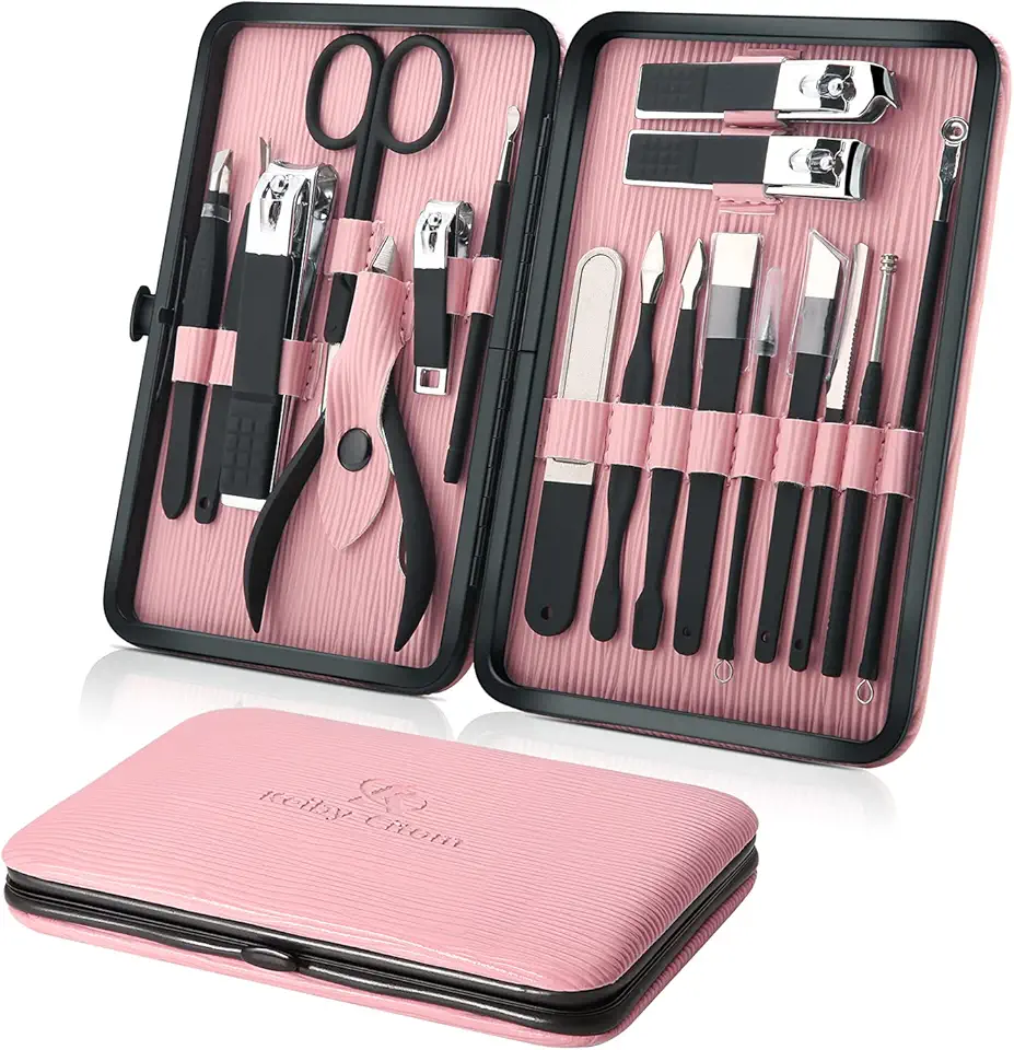 Tagliaunghie Set Professionale - Grooming Kit Strumenti per Manicure e Pedicure (Nero Rosa)
