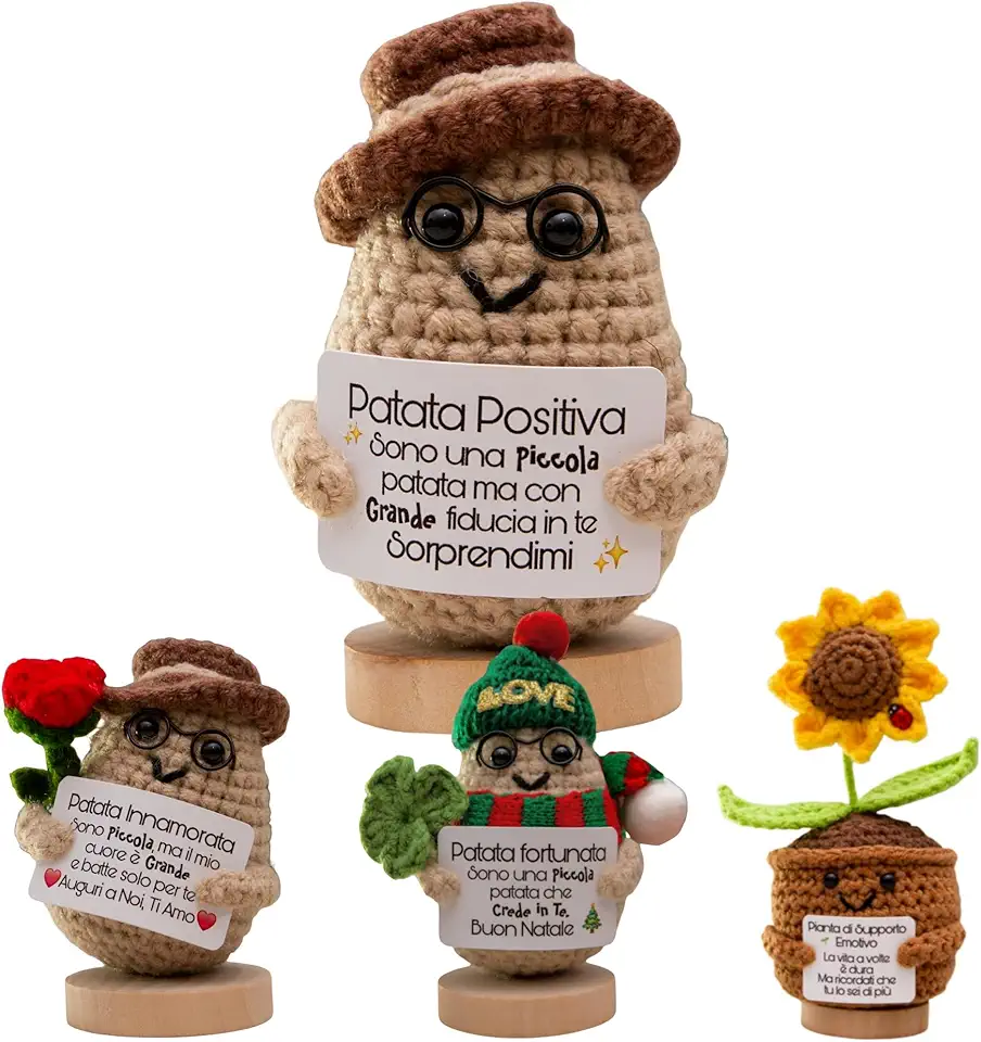 TerraDesign Patata Positiva – Peluche all’Uncinetto in Lana Amigurumi – Portafortuna con Frase Motivazionale in Italiano – Decorazione Casa Scrivania – Idea Regalo Originale Laurea, Compleanno e Amici