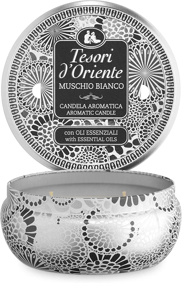 Tesori d'Oriente - Candela Profumata Muschio Bianco, dalle Note Muschiate e Ambrate, con Cere di Alta Qualità e Oli Essenziali, 2 Stoppini, 200gr