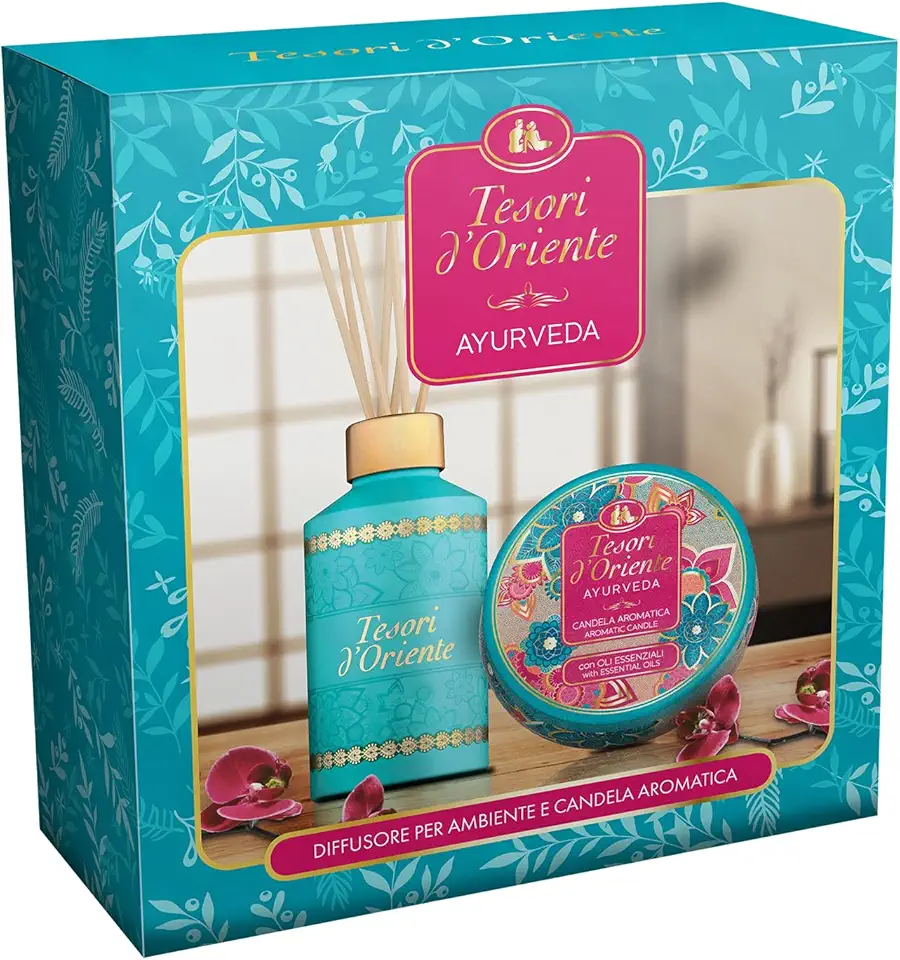 Tesori d'Oriente - Set Regalo, Profumatore per Ambienti con Bastoncini 200 ml e Candela Profumata Piccola 109 gr, Fragranza Ayurveda, Confezione Regalo