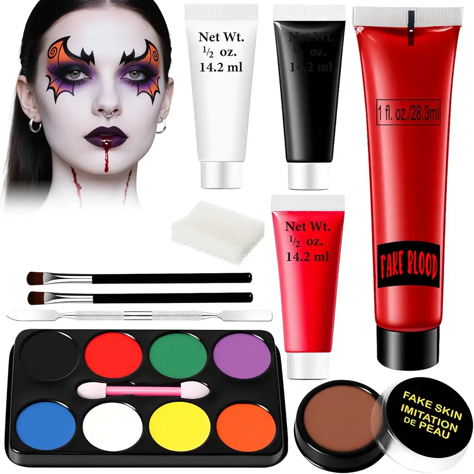 Trucchi Bianco Nero Rosso Halloween Make Up Adulti Bambini - Sangue Finto Kit Trucco per Colori Viso Halloween Makeup Donna Uomo 8 Colori Face Body Paint + Sangue Finto Lavabile + Cera Cicatrici