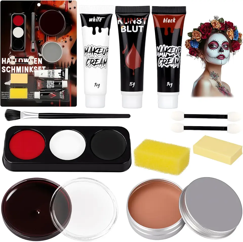Trucchi Halloween Bambini Adulti - Trucco Viso Halloween Make Up Donna per Carnevale Feste joker SFX Vampiro, Sangue Finto + 3 Colori Tavolozza Face Paint + Body Painting + Cera Cicatrici