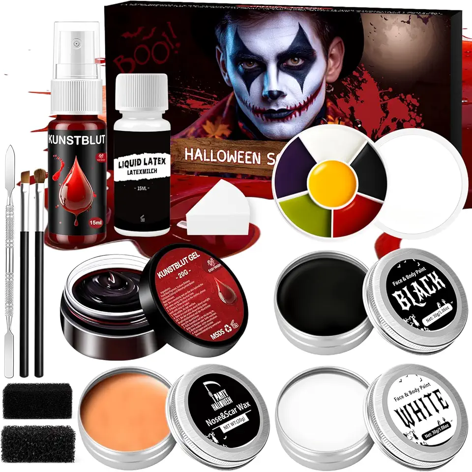 Trucchi Halloween Bambini Adulti - Trucco Viso Halloween Make Up per SFX, Sangue Finto Spray+Plasma Coagulato+Lattice+6 Colori Tavolozza Face Paint+Cera Cicatrici+Trucco da Clown (Nero, Bianco)