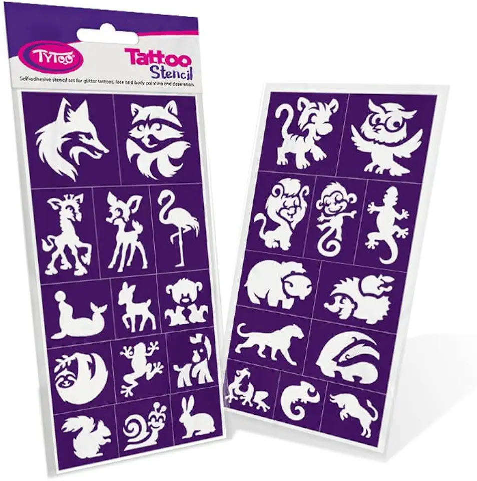 TyToo Set di stencil per tatuaggi, riutilizzabili, per bambini e adulti, design europeo, delicato sulla pelle, perfetto per feste, trucco per bambini e body painting (animali della foresta)