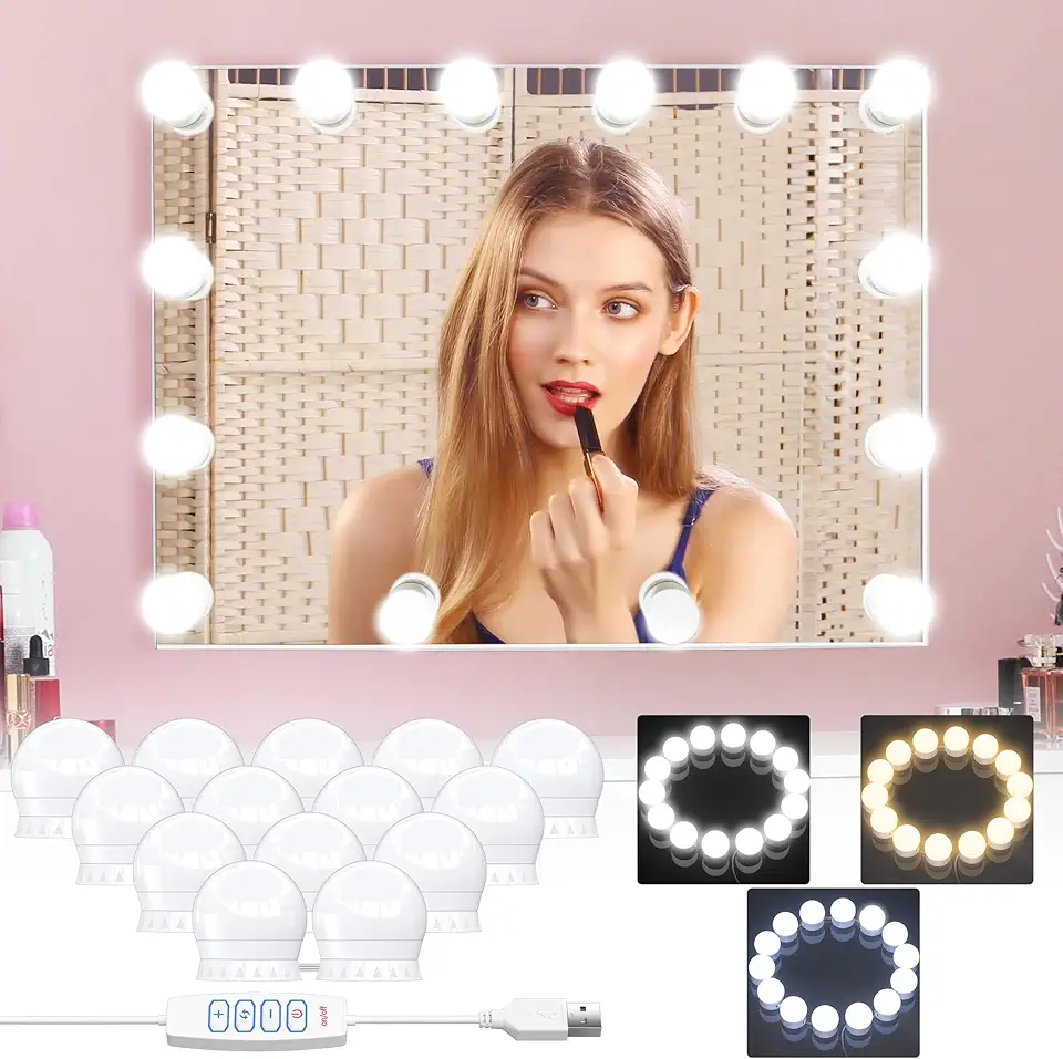 USB Luci per Specchio da Trucco, 14 Lampadine Dimmerabili, Luci da Specchio Hollywood con 3 Modalità Colore, Make Up Luci a LED per Trucco Cosmetico Bagno