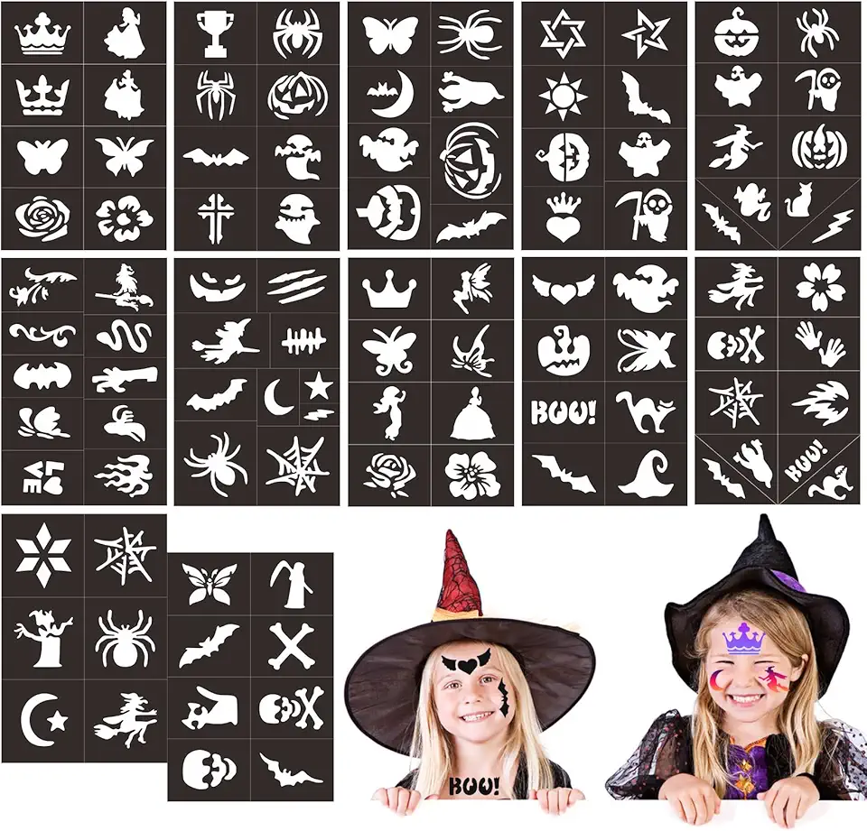 WOFEU 102 pezzi tatuaggi temporanei per bambini, stencil per pittura su viso e corpo, tatuaggi glitterati per bambine, articoli per feste di Halloween, Natale e mascherate