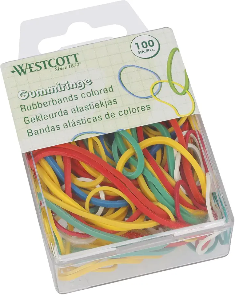 Westcott Elastici 100 pezzi | Elastici colorati di diverse dimensioni in pratico contenitore di plastica | Confezione risparmio elastici per uso domestico ⌀ 20 mm - 70 mm | E-10582 00