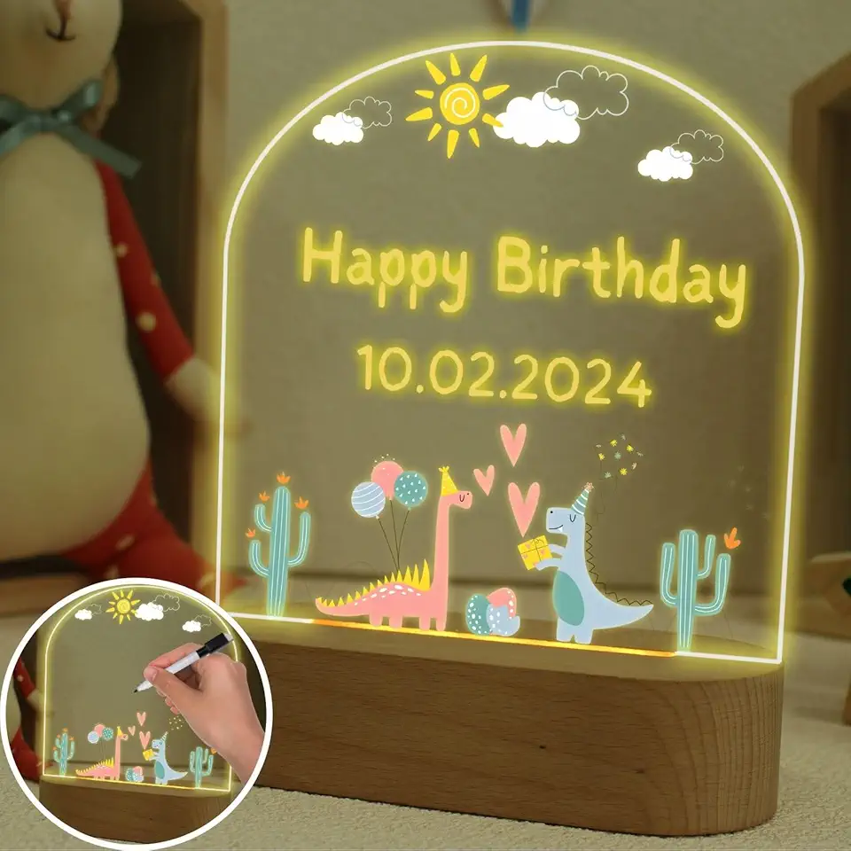 uniqicon Lampada Dinosauro, Luce Neonato Notturna, Regali Nascita Bimba, Tabellone Per Messaggi Illuminato A Led In Acrilico Con Base In Legno, Regalo Primo Compleanno Bimbo